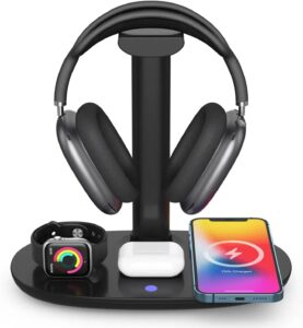 Soporte para auriculares con cargador inalámbrico de 15 W, estación de carga Suguder 4 en 1