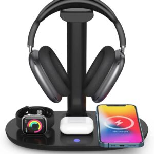 Soporte para auriculares con cargador inalámbrico de 15 W, estación de carga Suguder 4 en 1