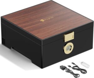 KingChii Caja de humidor eléctrico de puros con chip semiconductor Temperatura constante (64°F-74°F) y humedad (65%-75%), con madera de cedro español