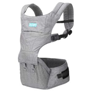 Moby Asiento de cadera y portabebés para bebés y niños pequeños, diseñado para madres, padres y cuidadores, soporta niños de 12 a 17 libras (gris)